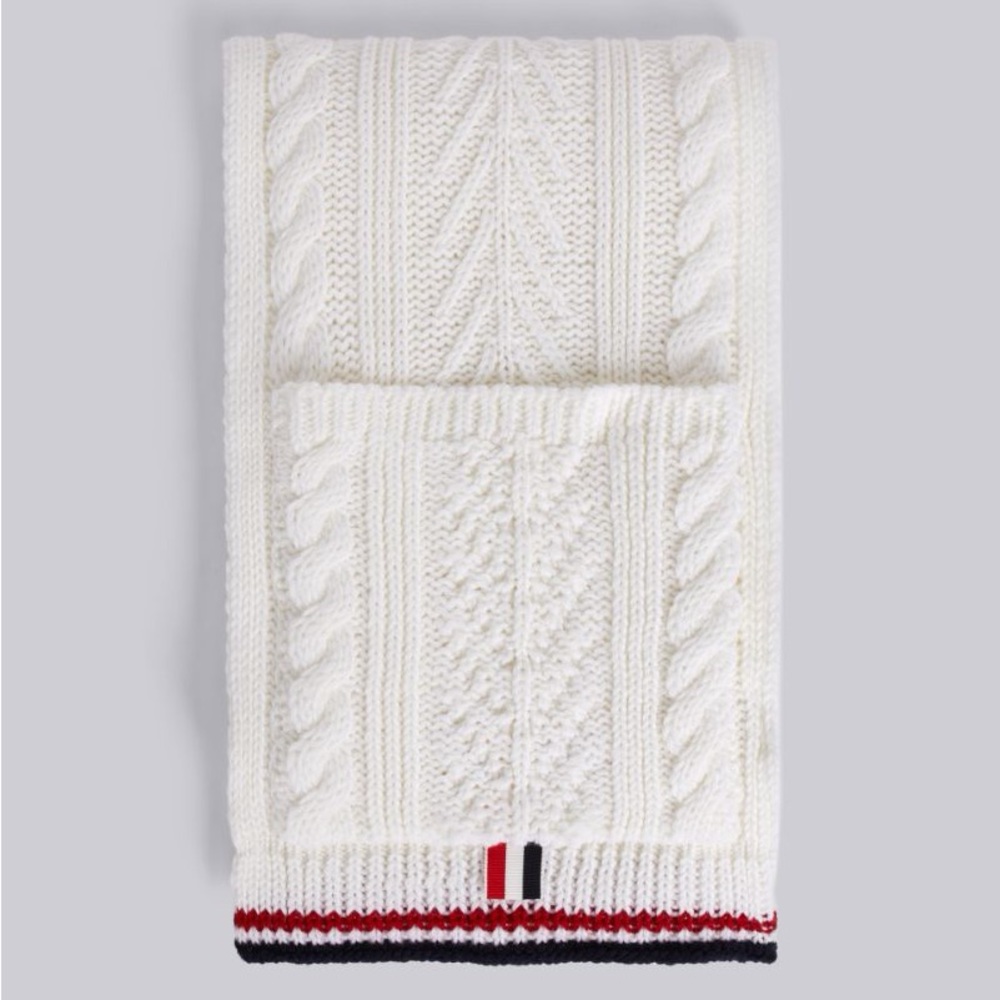 Thom Browne Aran cable knit scarf white